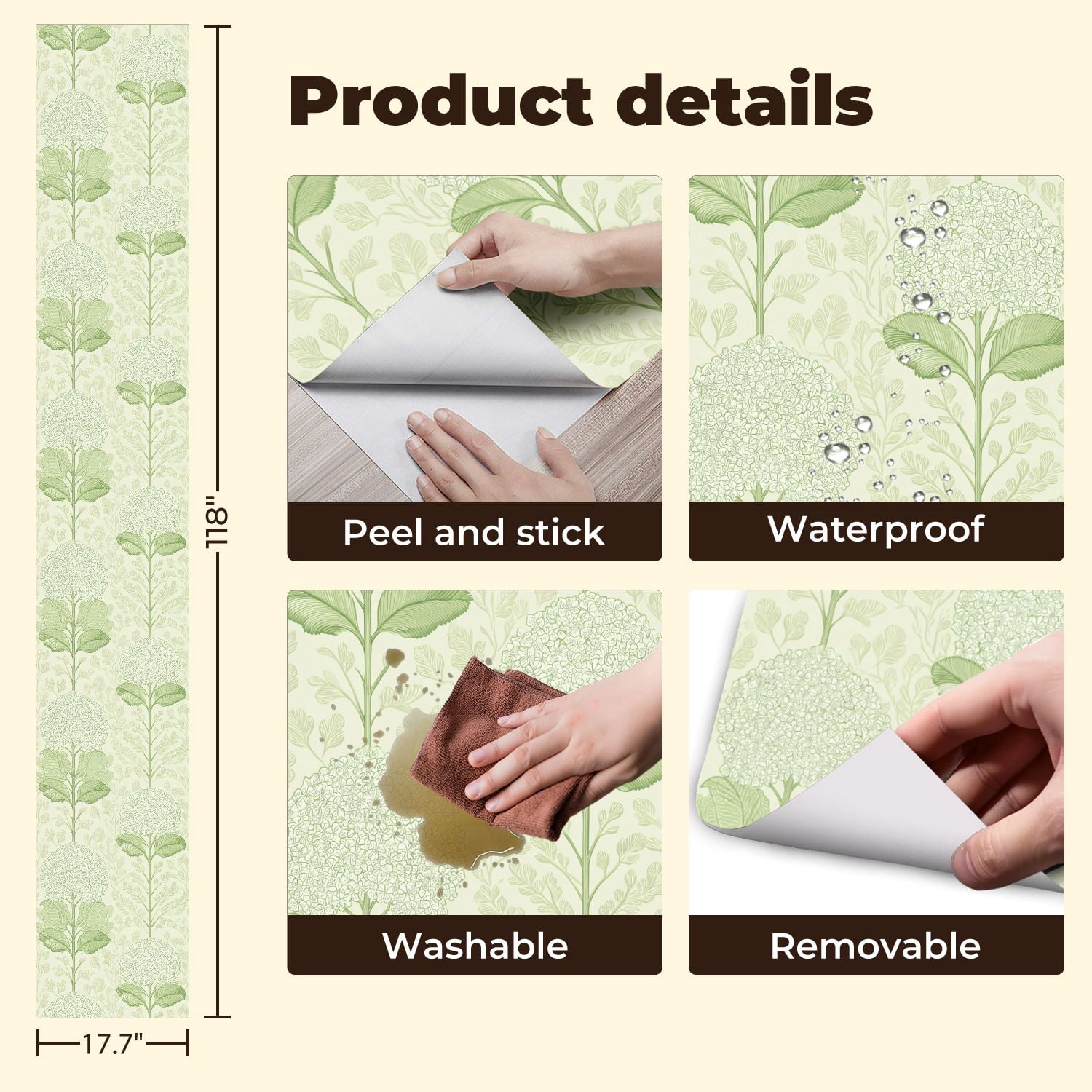 Sage Green Peel and Stick Wallpaper Green Botanical Floral Hydrangea Blossoms Leaves Wall Mural 17.7in x 9.8ft Self Adhesive Removable Wall Paper Renter Friendly Wallpaper for Girls Bedroom