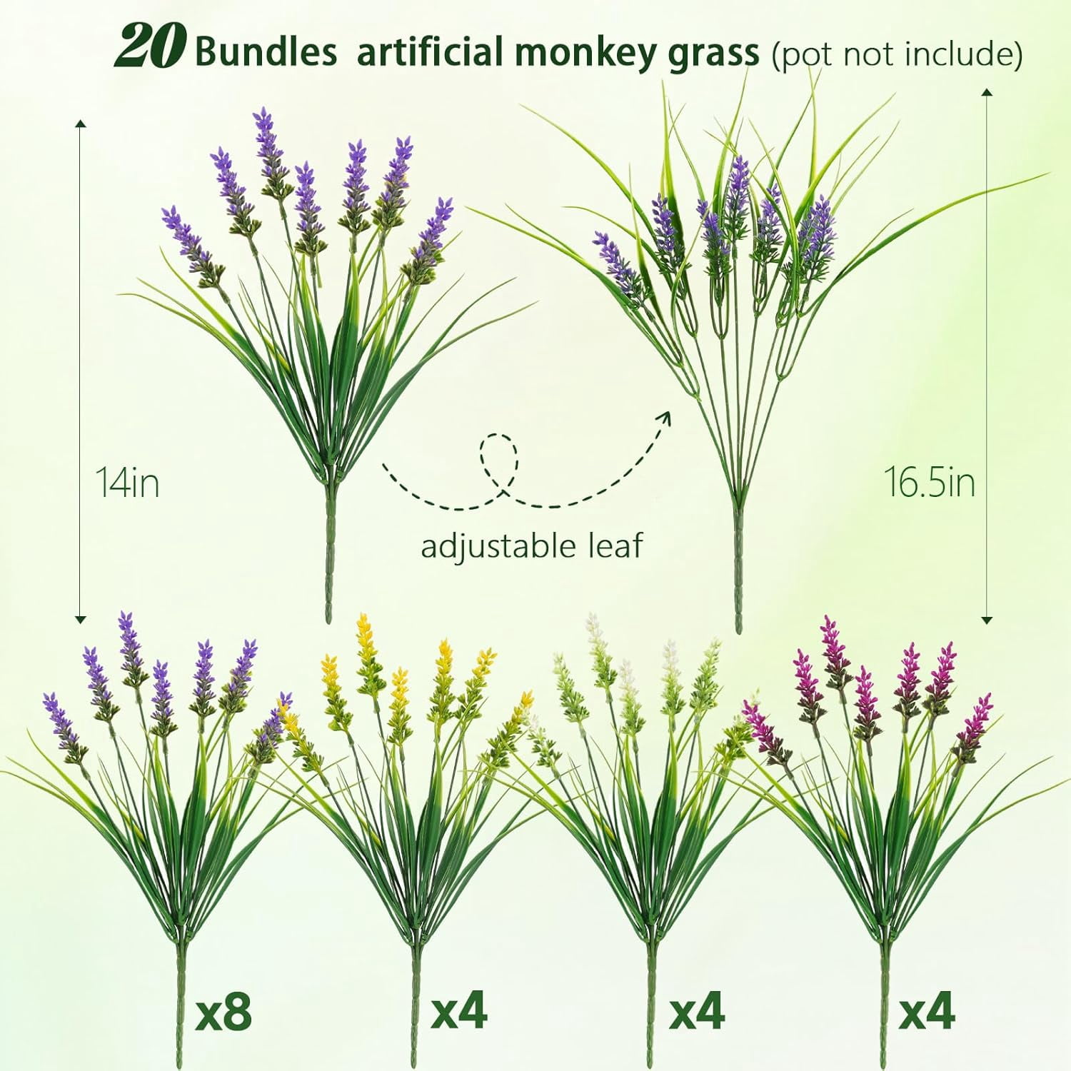 N&T NIETING 20 Bundles Artificial Plants Outdoor Fake Monkey Grass with Flowers for Pot Garden Verandah Decor for Window Garden Office Patio Hanging Planter Pathway Front Porch (Mix Color 2)