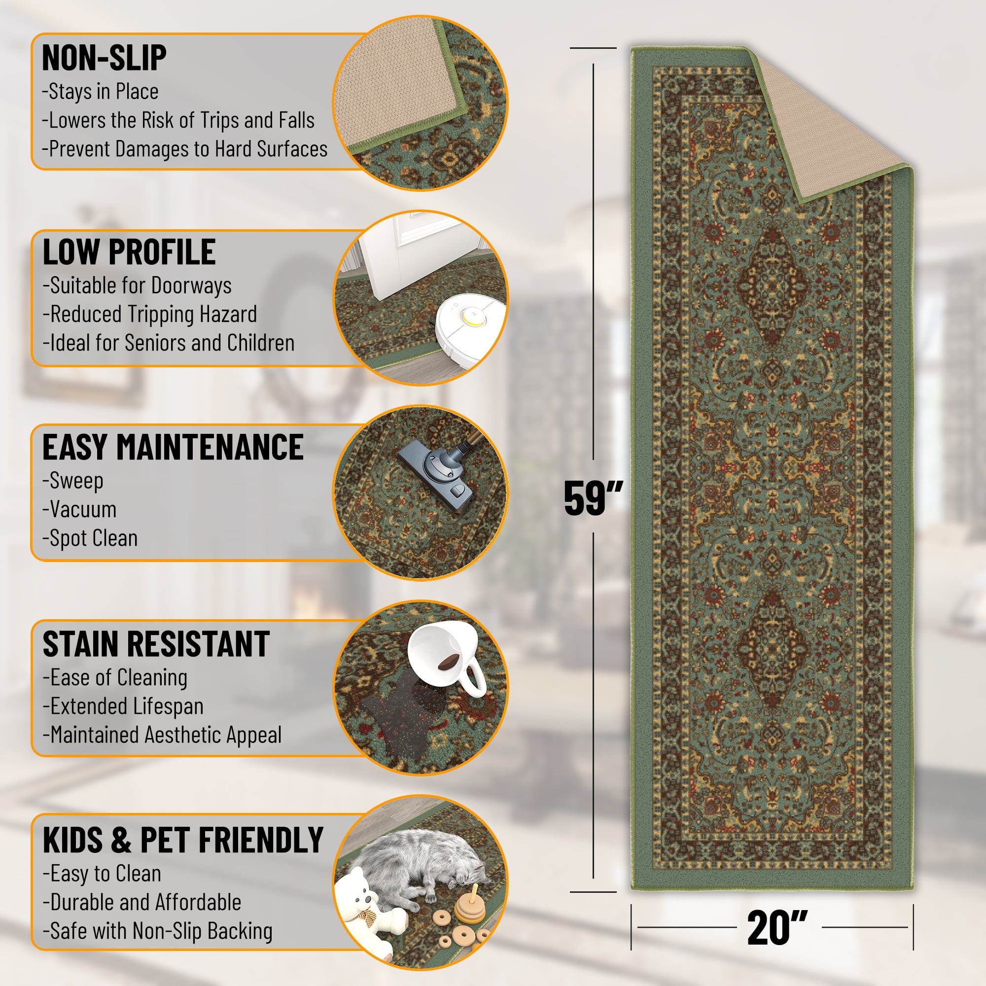 Ottomanson Medallion Bathroom Runner Rug 20" x 59" - Non Slip Low Pile Carpet, Seafoam Green