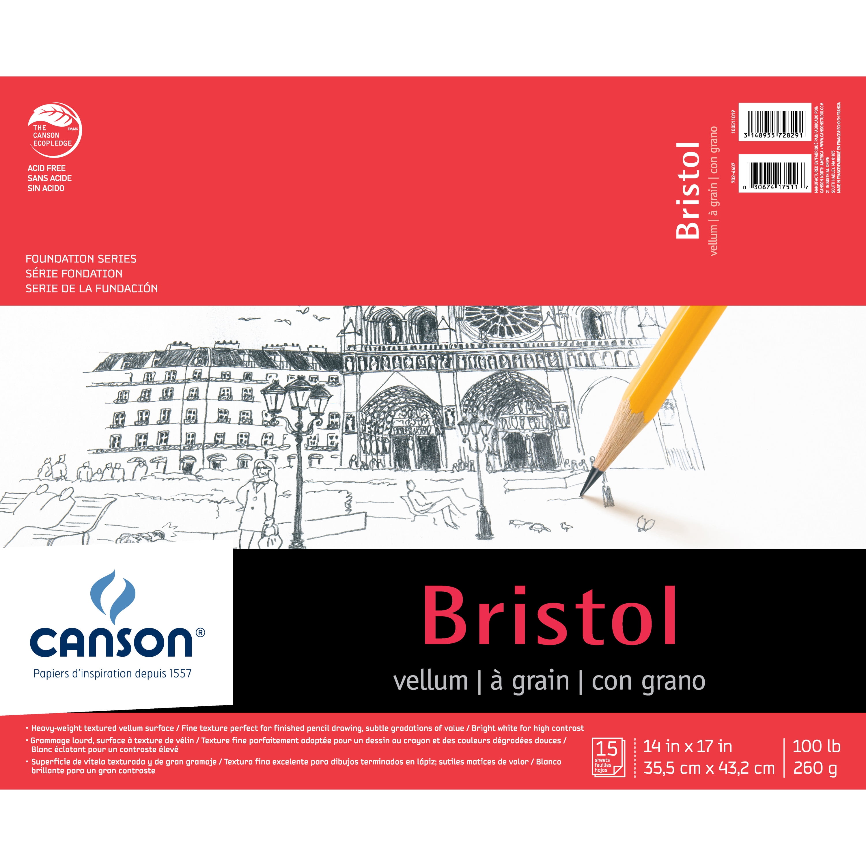 Canson Foundation Series Bristol Pad Vellum, 14" x 17", 15 Sheets/Pad
