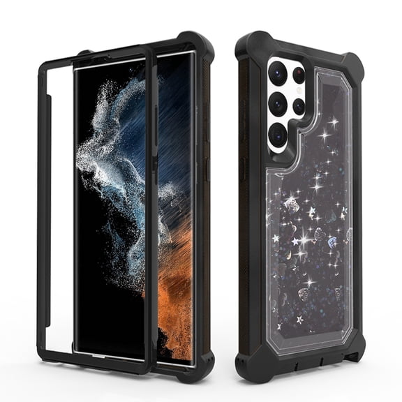 For Samsung Galaxy S22  Plus Luxury Liquid Glitter 3in1 Sparkle Bling Quicksand Clear Heavy Duty Bumper PC Frame TPU Back Cover ,Xpm Phone Case [ Black ]