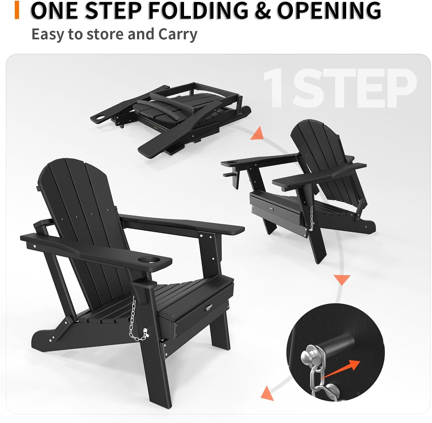 HJTER Plastic Adirondack Chairs, Folding with Cup Holder, Waterproof HDPE Material, Comfortable 380lb Weight Capacity for Outdoor Pool Patio Lounge Chair Lawn Furniture Firepit (Black)