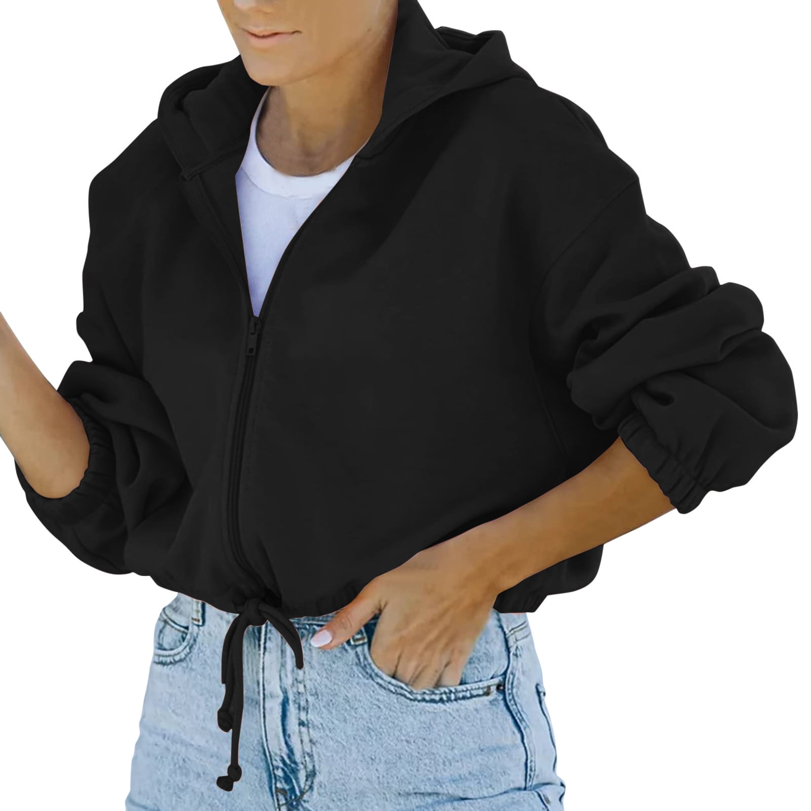 Zanvin Fashion Women Crop Top Sweatshirt Fleece Zipper Long Sleeve Cropped Hoodie Solid Sweater Blouse Coat Black gifts For Family On Clearance Black