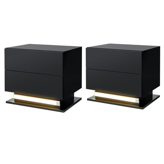 Hommpa Modern LED Nightstand Set of 2 Adjustable 3 Color LED Light 2 Drawer Bedside Table Storage Cabinet with Auto Sensor Light High Gloss Black Night Stand Smart Motion Sensor Side Table for Bedroom