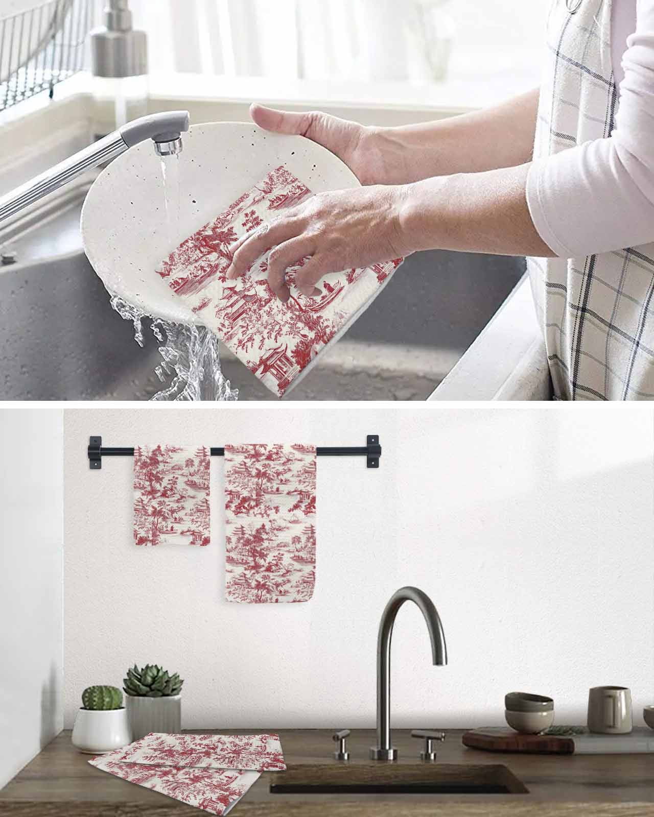 Red Garden Retro Kitchen Dish Towels for Drying Dishes Set of 4, Modern Art Building Tree Boat Waffle Weave Microfiber Terry Hand Tea Bathroom Towels Quick Dry & Absorbent Towel 15.7x23.6