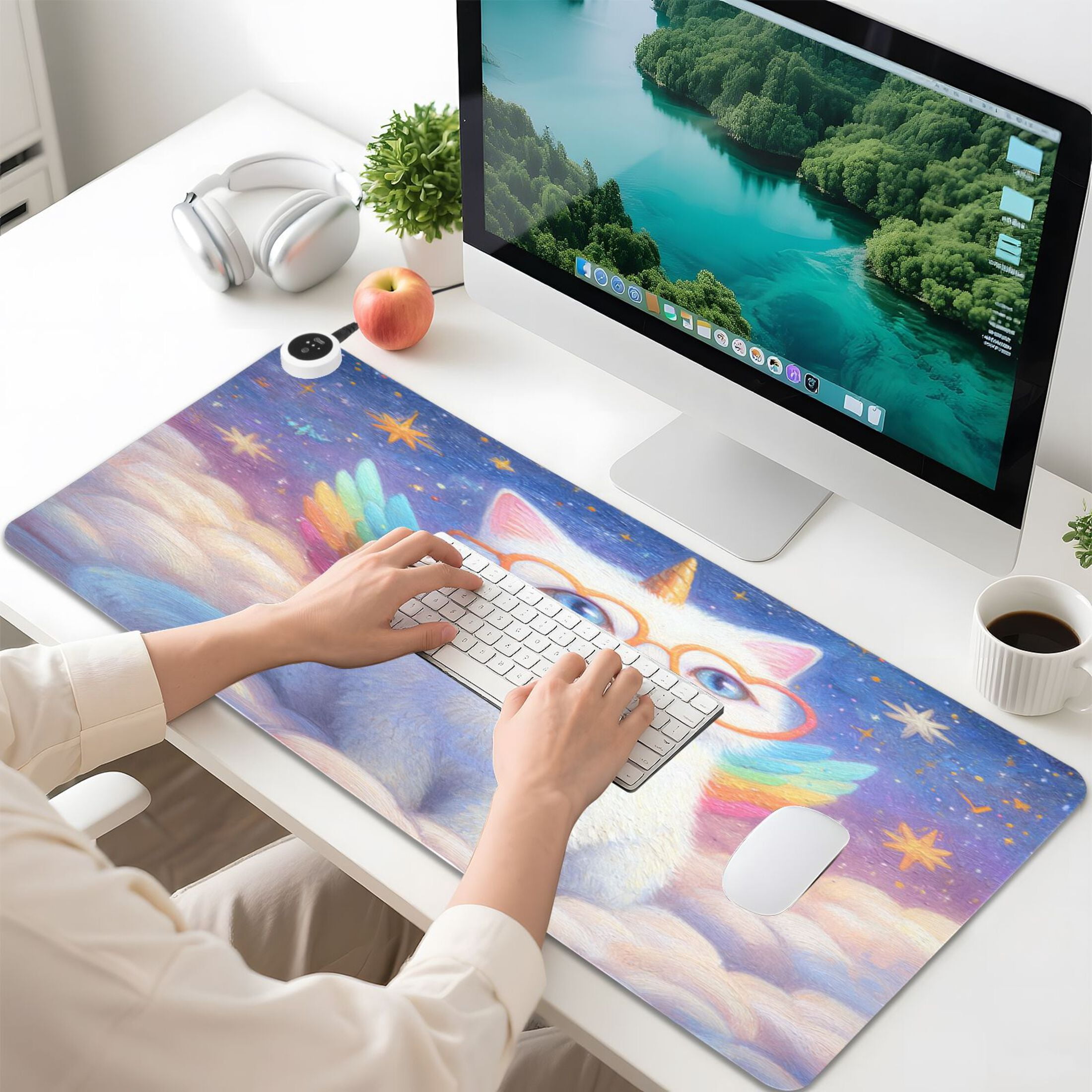 Large Heated Desk Mat Mouse Pad 31.5"x13"PU Leather Graphene Heating Desk Warmer with 3 Temperature Settings 110V US Plug Non-Slip Warm Pad for Home, Office, and Gaming Galaxy Unicorn Kitten Print