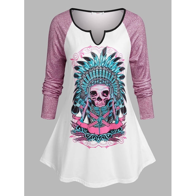 Talla más brujo Doctor Skull V Notch Manga de raglán Tee Rosegal Mangas largas de talla grande