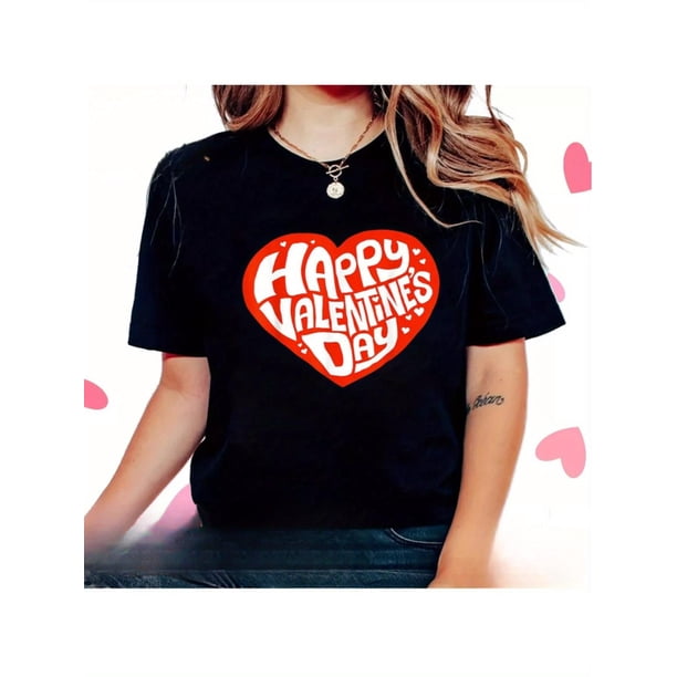 Camiseta básica para mujer verano SuaveHappy Valentines Day Cute V-Day Heart Love T-Shirt Women'S T-shirt 100% T-shirt Unisex Clothing EverCamisetas de verano para mujer, manga corta, cuello redondo