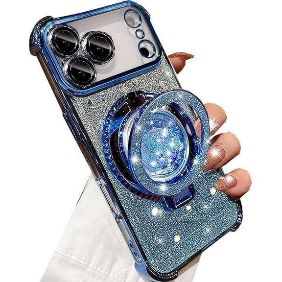 Glitter Kickstand Case for iPhone 17 Pro Max,Cute Luxury Bling Sparkly with Camera Protector Liquid Flowing Ring Stand TPU Bumper Shockproof Women Girls Case for iPhone 17 Pro Max 6.9",Blue