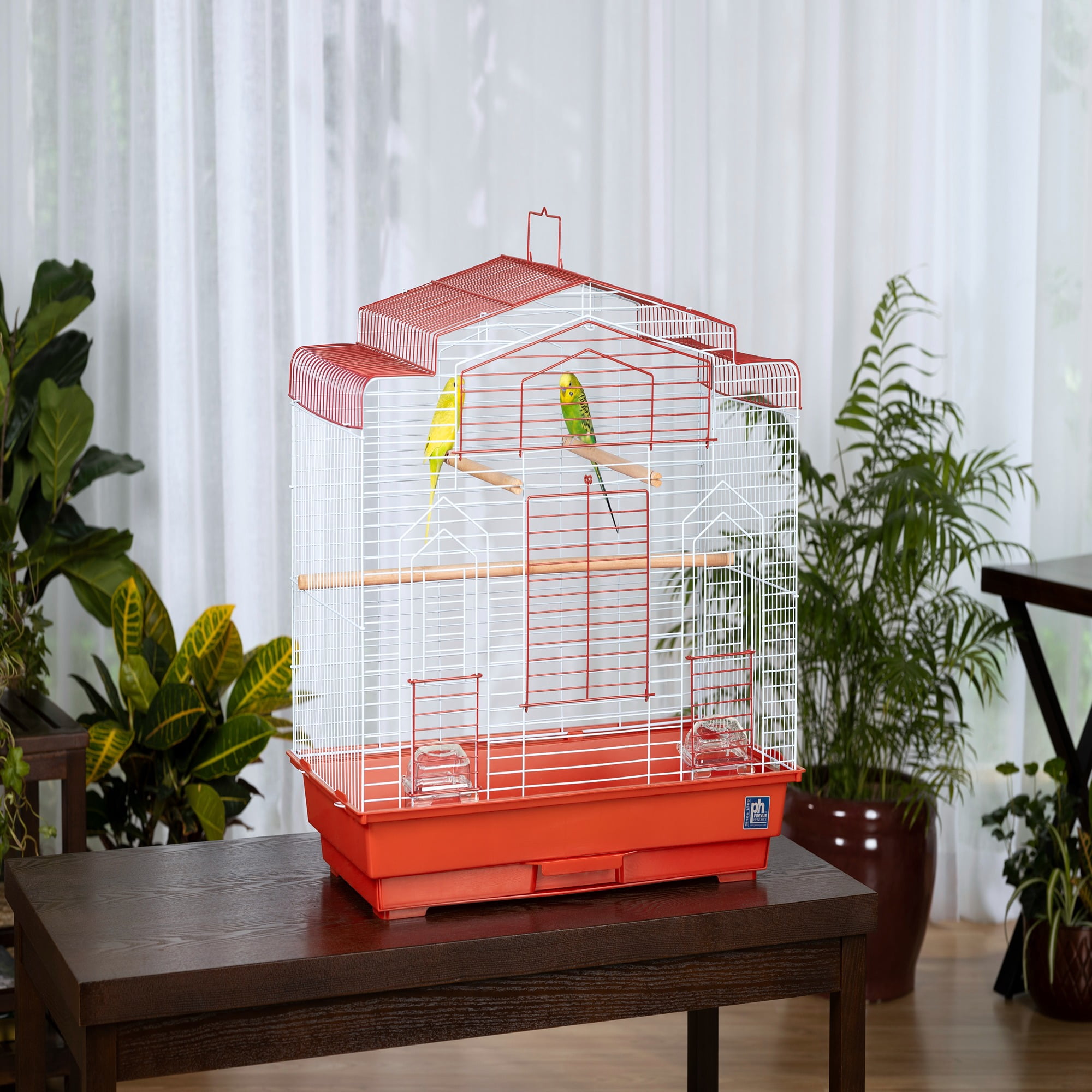 Prevue Pet Products Barn Style Bird Cage - Stand Alone Metal Bird Cage with Removable Tray, Wood Perches & Feeder Cups, Indoor Enclosure for Parakeets, Cockatiels, Finches & Small Birds - Red
