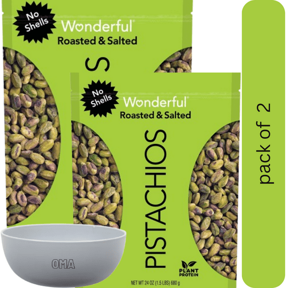 Wonderful Shelled Roasted Salted Pistachios, 2 Pack, 24 oz. with bowl by OMA