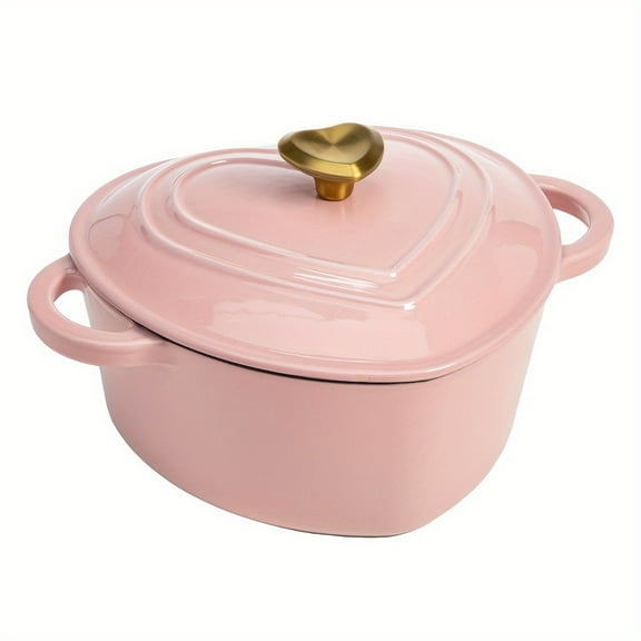 Enameled Cast Iron Dutch Oven Heart-Shaped Pot With Lid, Dual Handles, Works On All Stovetops, Oven Safe To 500°F, 2-Quart, Pink