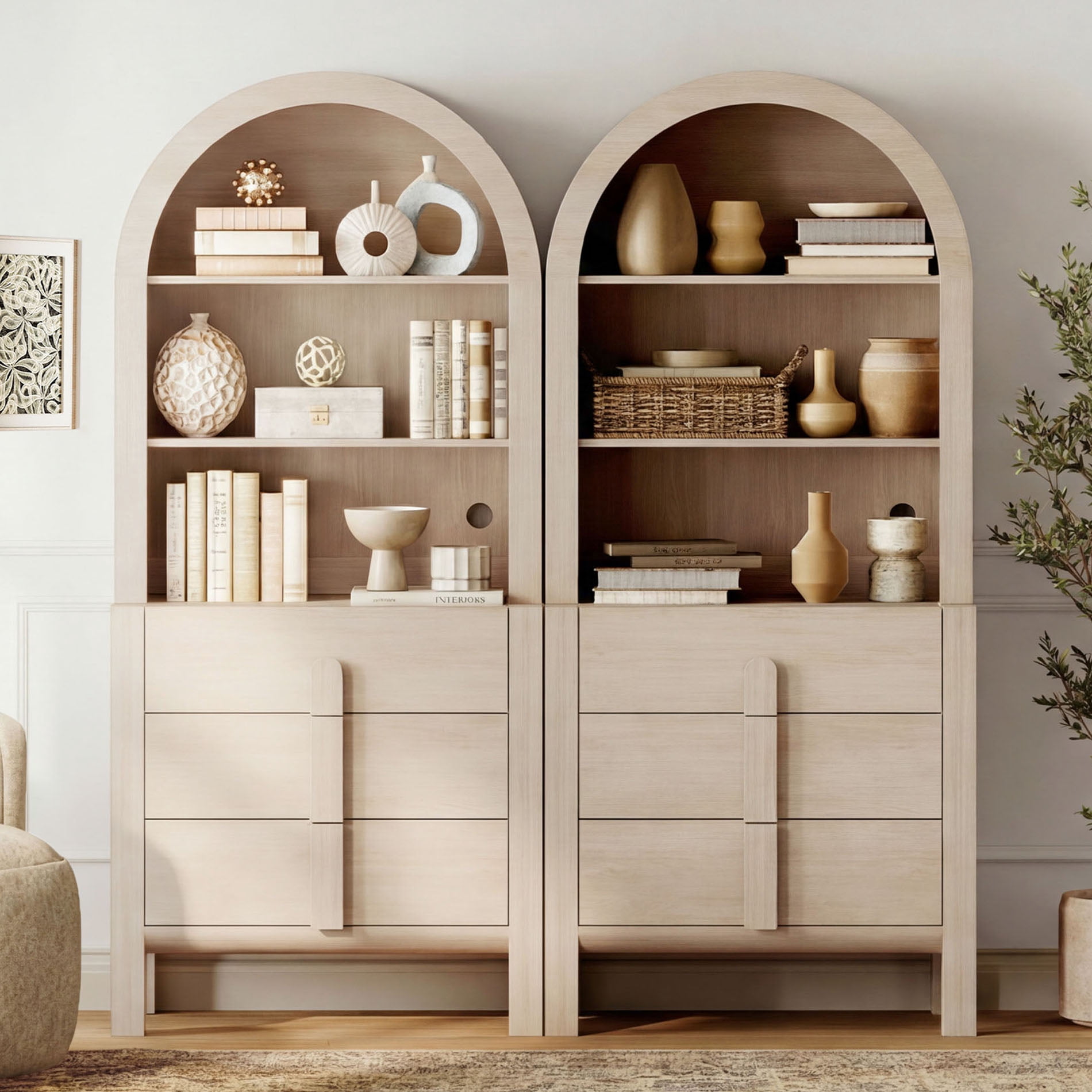 71” Tall Arched Bookshelf Set of 2, Modern 3 Tier Bookcase with Open Storage, Wooden Display Cabinet with Drawer and Adjustable Shelves, Versatile Bookshelf for Living Room, Study, Office