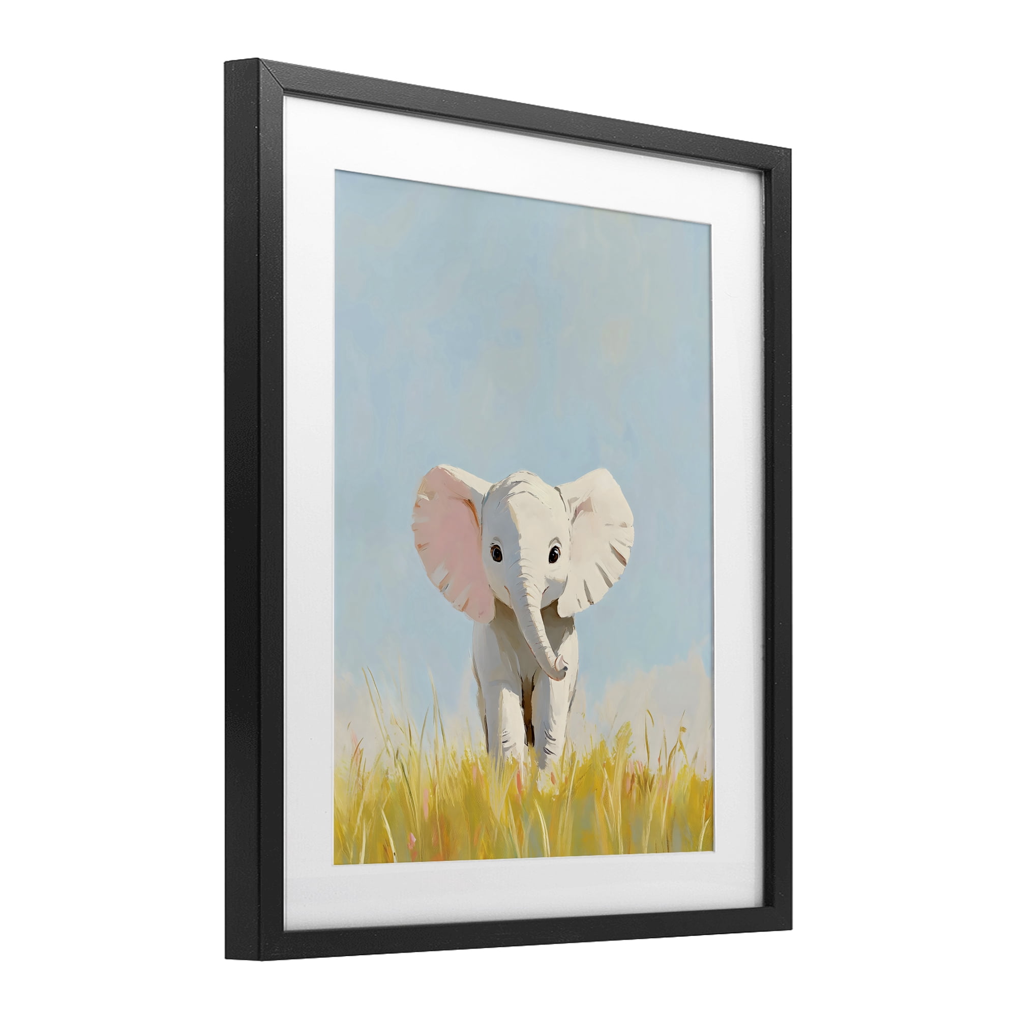 Stupell Industries White Baby Elephant in Grass Black Framed Print Under Glass, design by The Prints Vibe