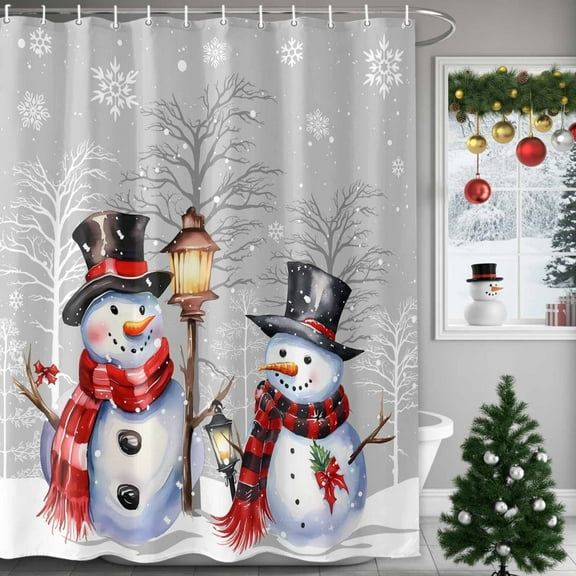 Christmas Shower Curtain Snowman Snowflake Shower Curtains for Bathroom Winter Holiday Xmas Decor, Waterproof Polyester Shower Curtain Set with Hooks, Stall Long 54"x78" Winter Forest Gray