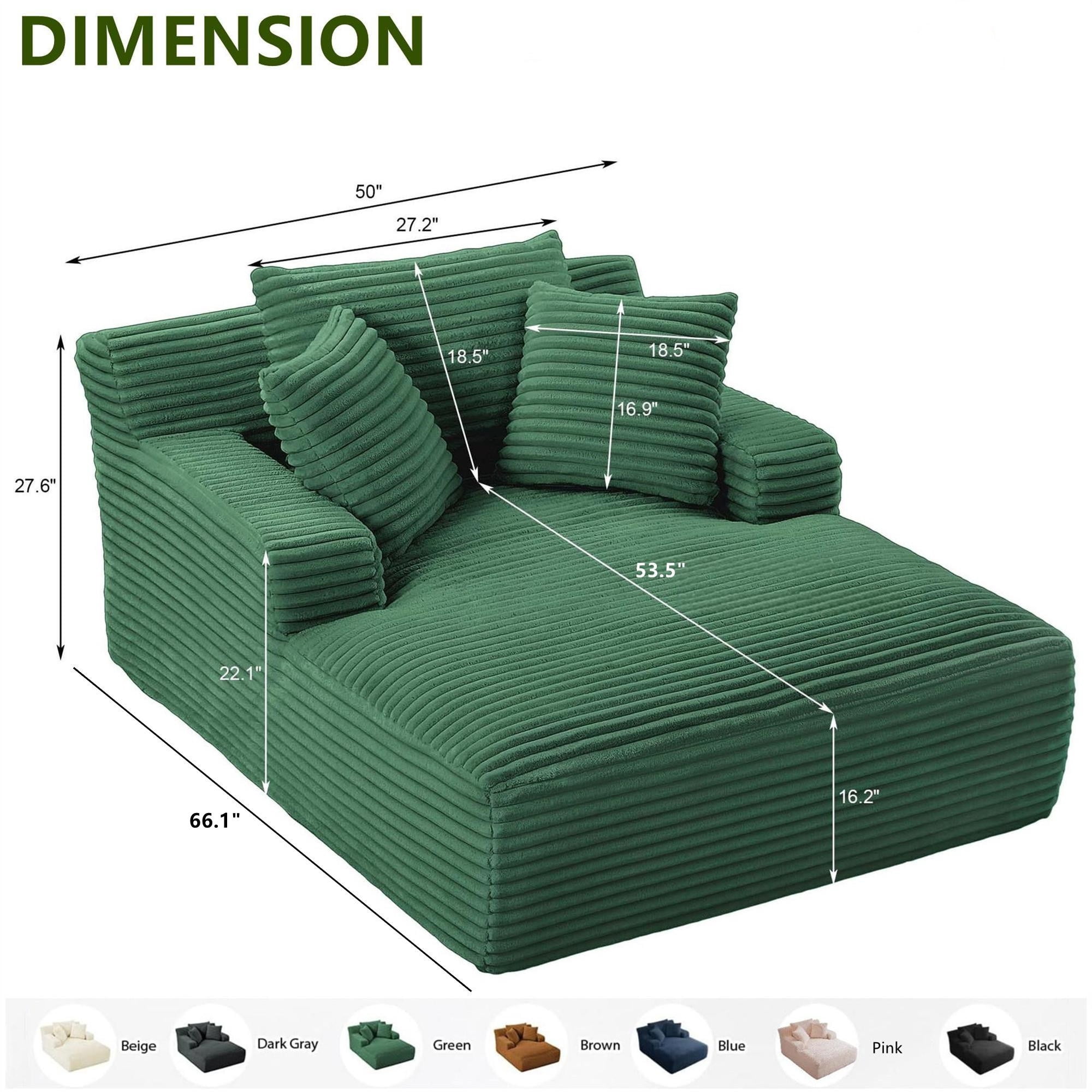 Aukfa 66" Oversized Chaise Lounge Indoor Boneless Couch Plush Sofa Bed for Living Room, 3Pillows, Green