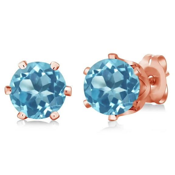 Gem Stone King 2.00 Ct Round Swiss Blue Topaz Gold Plated 6-prong Stud Earrings for Women Men 6mm