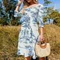 thumbnail image 4 of Blue And White Toile De Jouy Print Women's 3/4 Sleeve Dresses Elegant A-Line Midi Dress Flare Summer Casual Sundress, 4 of 9