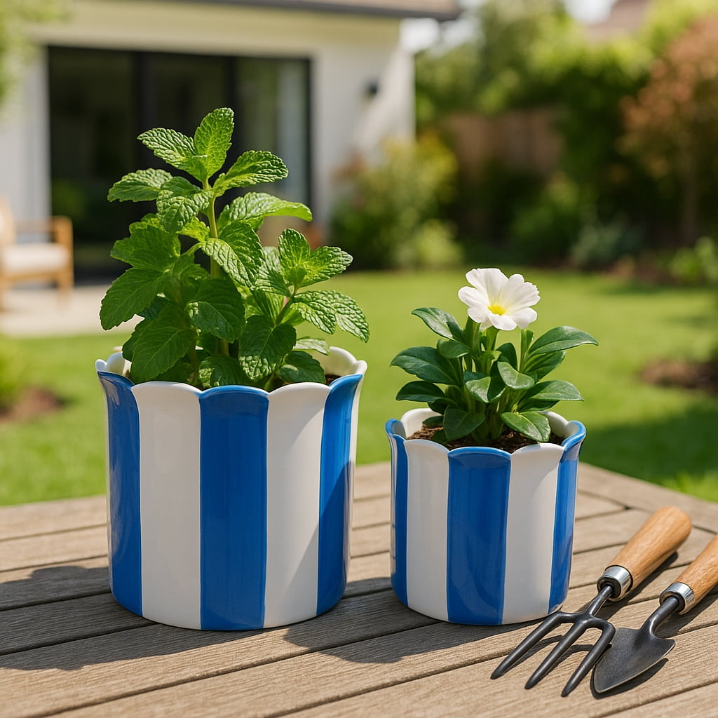Ceramic Scalloped Striped Flower Pots for Home Decor - Decorative Planters for Indoor and Outdoor Plants - Plant Pots for Living Room and Garden Decor - Set of 2, 7", 6", Blue & White