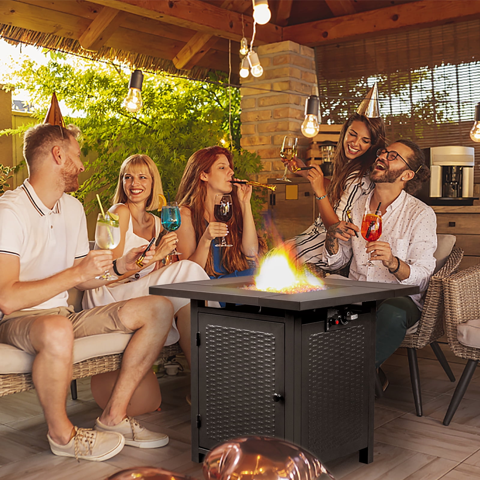 GVN Garden Fire Pit Table, Outdoor Fire Pit Table, 28" Fire Table,50000 BTU Gas Firepit with Volcanic Stone, Black