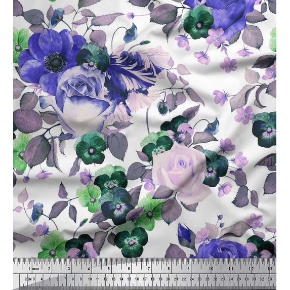 Soimoi Moss Georgette Fabric Rose,Pansy & Anemone Flower Printed Craft Fabric by The Yard 42 Inch Wide