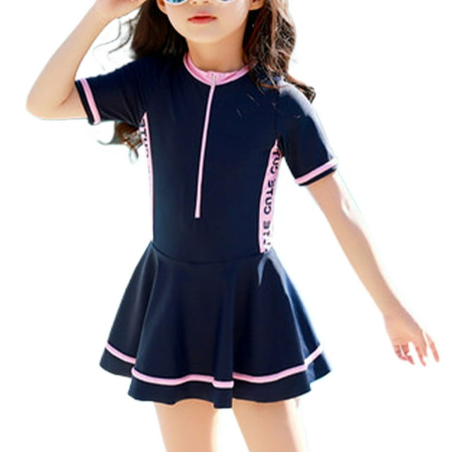 Wweixi Swimsuit Soft Fabric Slimming Line Hem Color Contrast And -line Skirt Navy short sleeved L