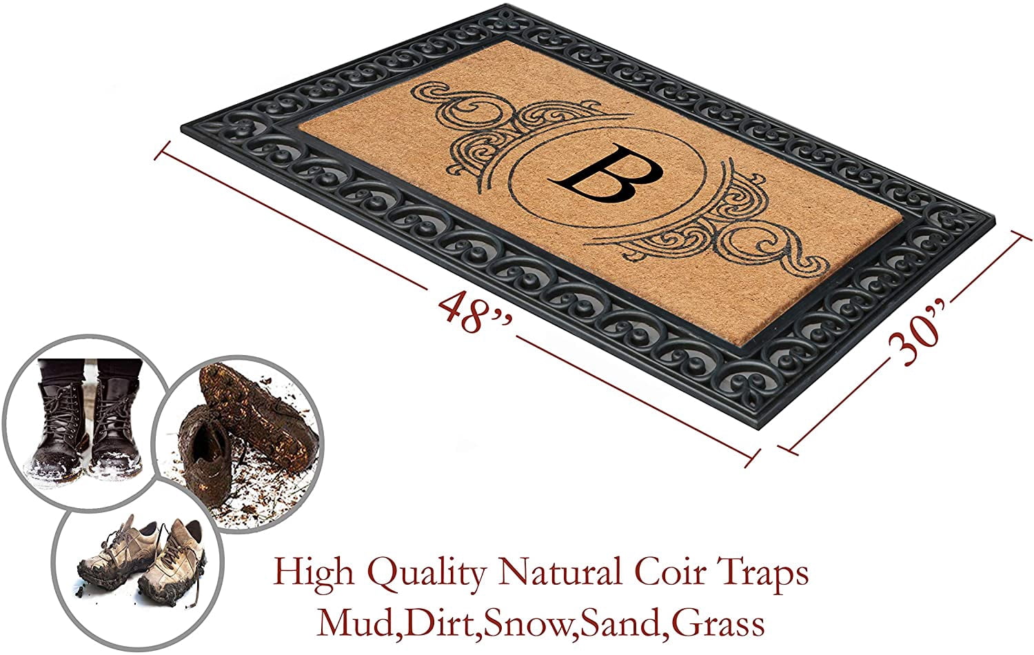 A1HC Rubber and Coir Doormat 30" x 48", Standard Double / Single Front Door Mat for Outdoor Entrance, Personalized Monogrammed Non-Slip Entrymat
