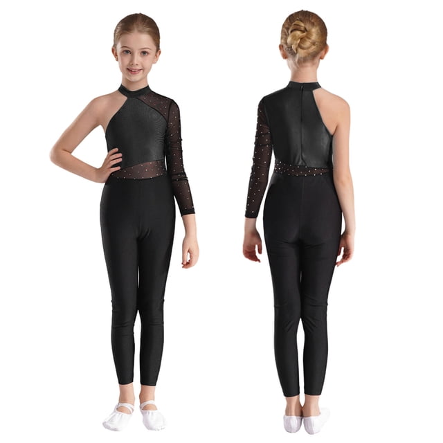 Yeahdor Kids Girls Full Body Dance Unitards Activewear Gymnastics Bodysuit One Shoulder Skating Jumpsuit Black 12