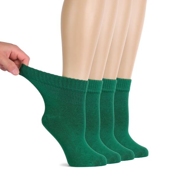 Hugh Ugoli Diabetic Socks for Women, Super Soft & Thin Ankle Socks, Wide & Loose, Non-Binding Top & Seamless Toe, 4 Pairs, Christmas Green, Shoe Size: 10-12