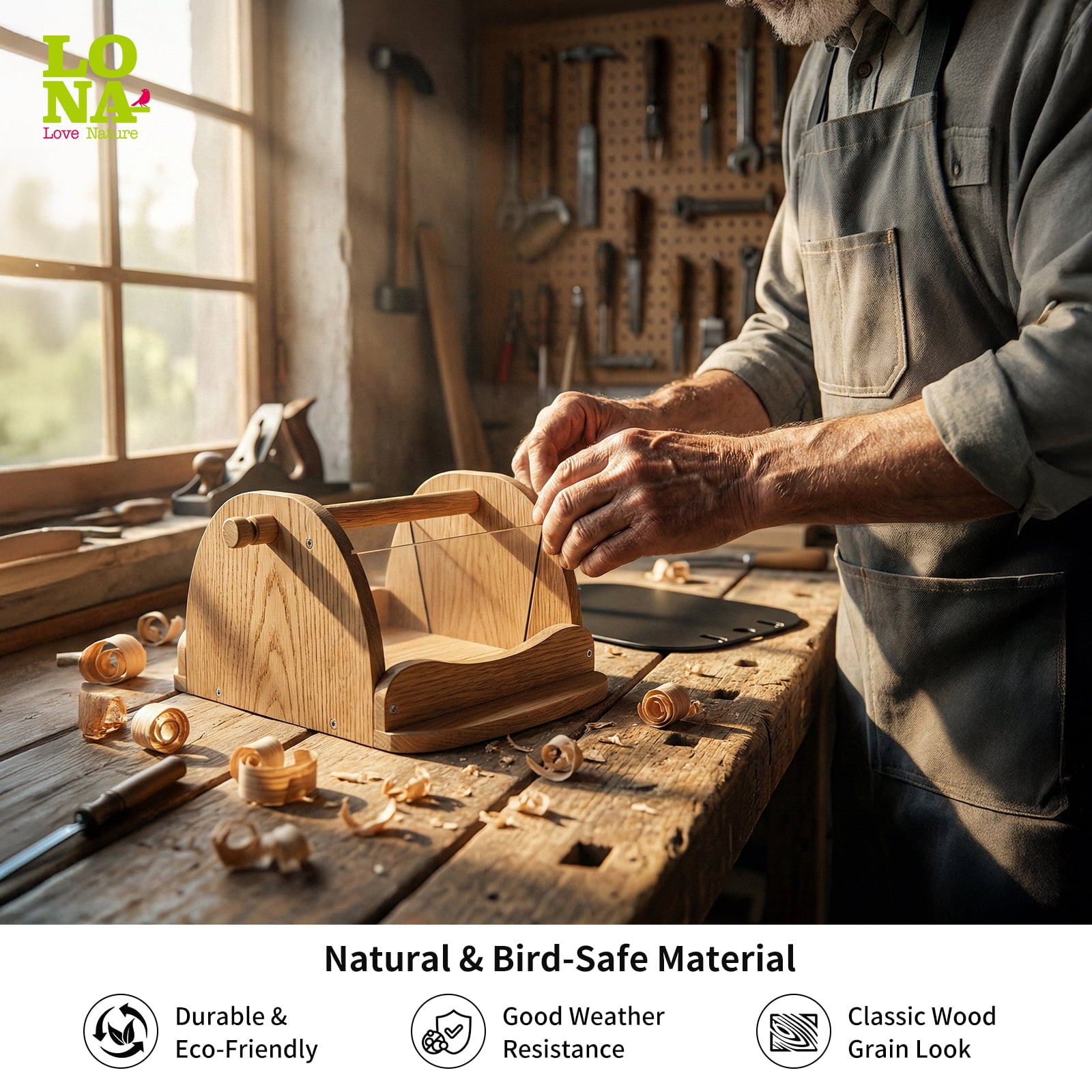LONA Wooden Bird Feeder for Outdoors Hanging, Large Capacity Hopper with Weatherproof Roof Birdfeeder for Feeding Outside Garden Wild Birds Cardinals Finches Robin Sparrow Blue Jay Chickadees