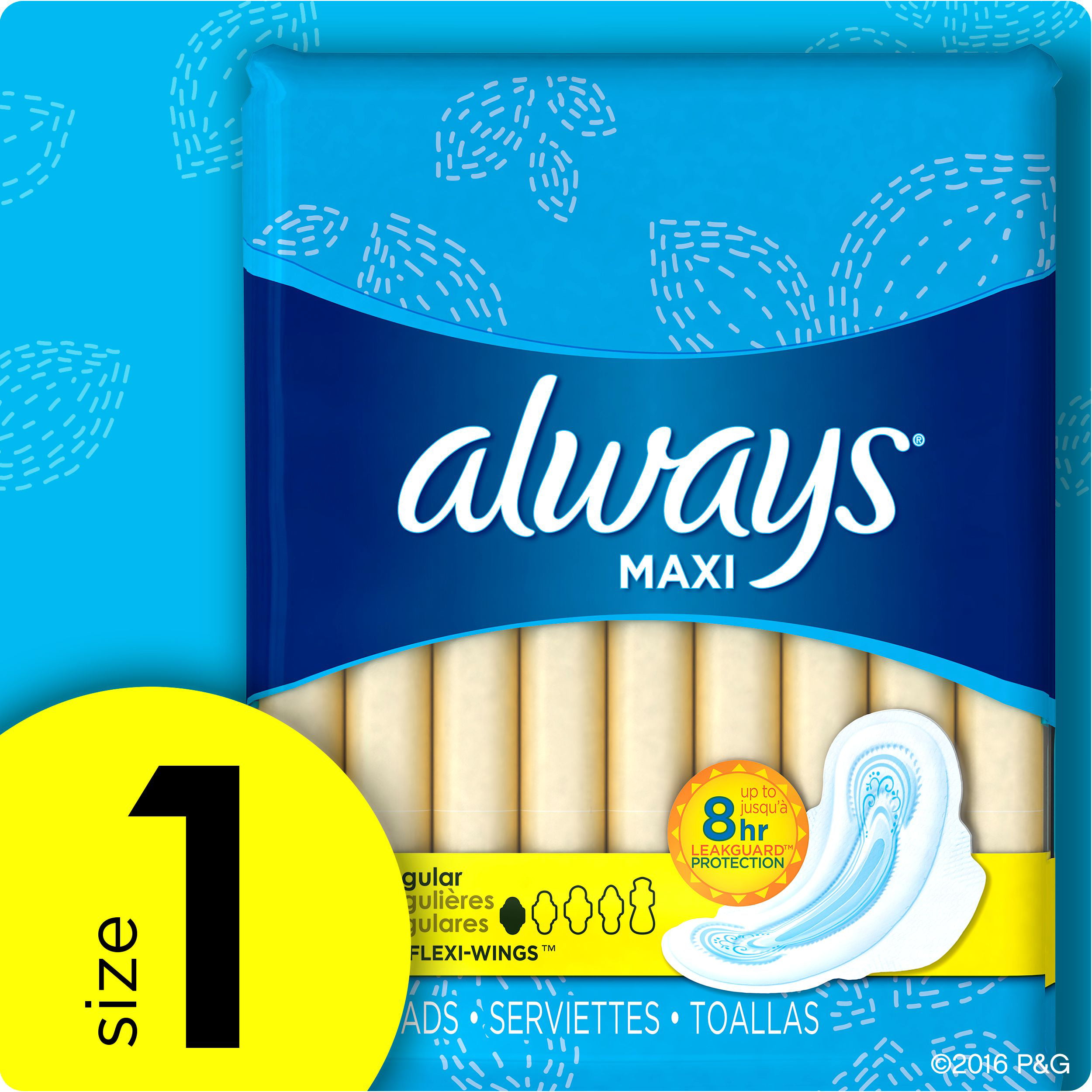 Always Maxi Size 1 Regular Pads with Wings, Unscented, 18 Count 