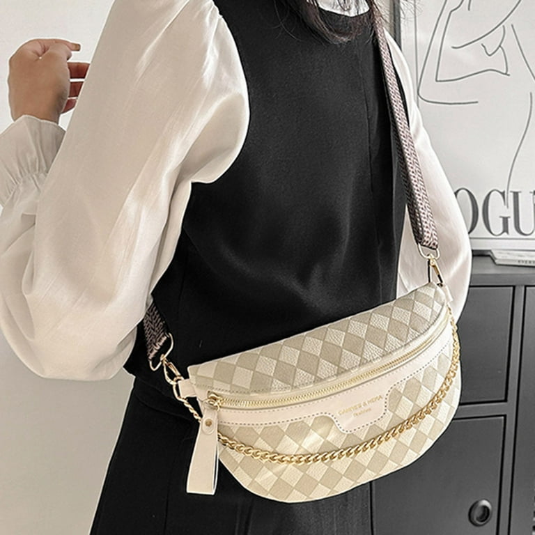 Rhombic Lattice Chest Bag Casual Chain Shoulder Bag Simple Wide Strap for  Travel Beige
