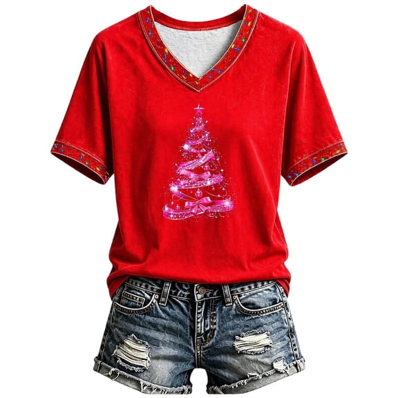 DIOAZUD Women's Christmas Short Sleeve V-Neck Tees Holiday Graphic Tops Casual Shirts for Xmas Party
