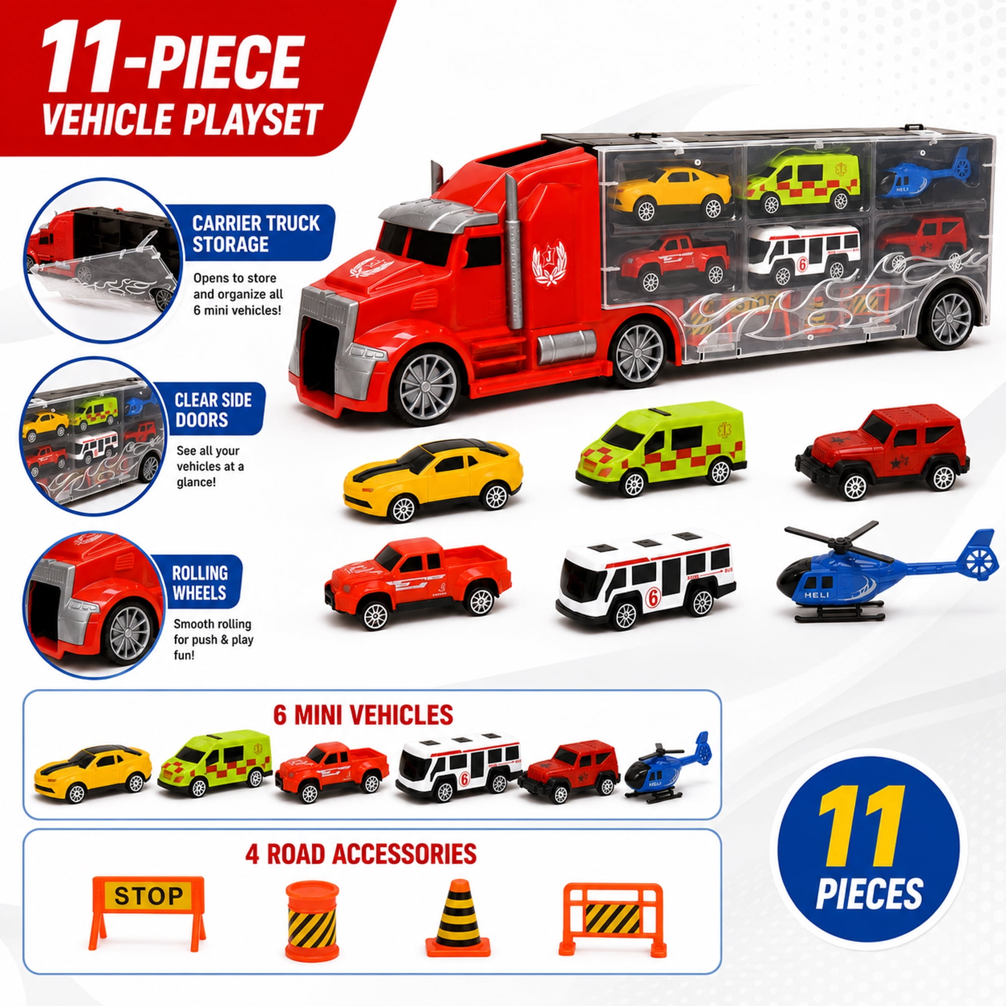 11-Piece Toy Truck Carrier Set with Mini Vehicles, Big Rig Transporter Playset with Cars, Helicopter, Bus & Road Signs, Storage Truck Toy for Kids Ages 3+
