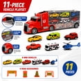 thumbnail image 2 of 11-Piece Toy Truck Carrier Set with Mini Vehicles, Big Rig Transporter Playset with Cars, Helicopter, Bus & Road Signs, Storage Truck Toy for Kids Ages 3+, 2 of 10
