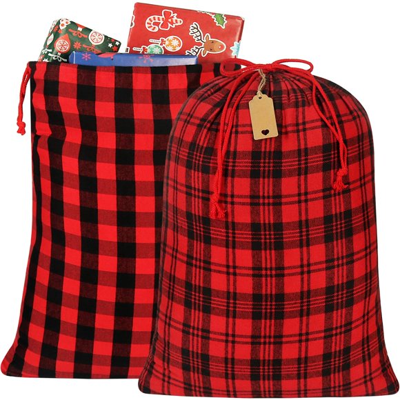 Bolsas de Papá Noel de algodón, paquete HRX, 2 unidades, a cuadros, 71 x 51 cm, Navidad