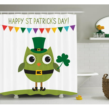 St. Patrick's Day Shower Curtain, Owl with Leprechaun Costume Greeting Design for Party Shamrock Pattern, Fabric Bathroom Set with Hooks, Multicolor, by