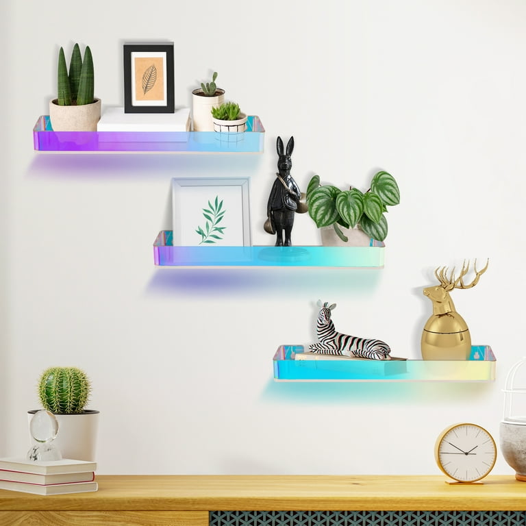 NiHome 2-Pack Medium Iridescent Acrylic Floating Shelves with Edge,  7.9x4.5 Rainbow Ledge Shelf Adhesive & Screw Wall Mounting Phone Holder  Shelf for Home D?cor, Bathroom, Kitchen and Office 