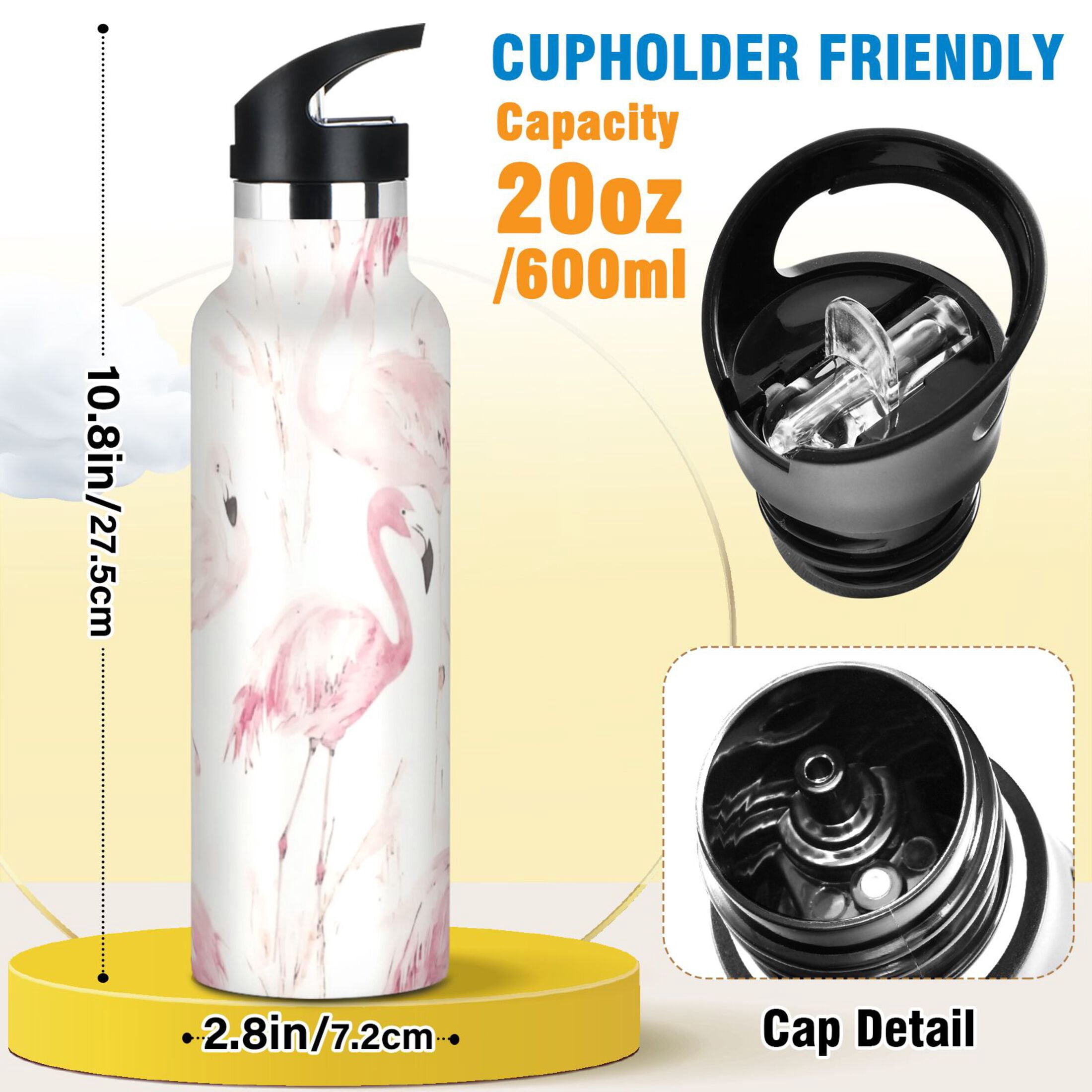 Kids Insulated Stainless Steel Sports Water Bottle 600ml (20oz) Pink Flamingos