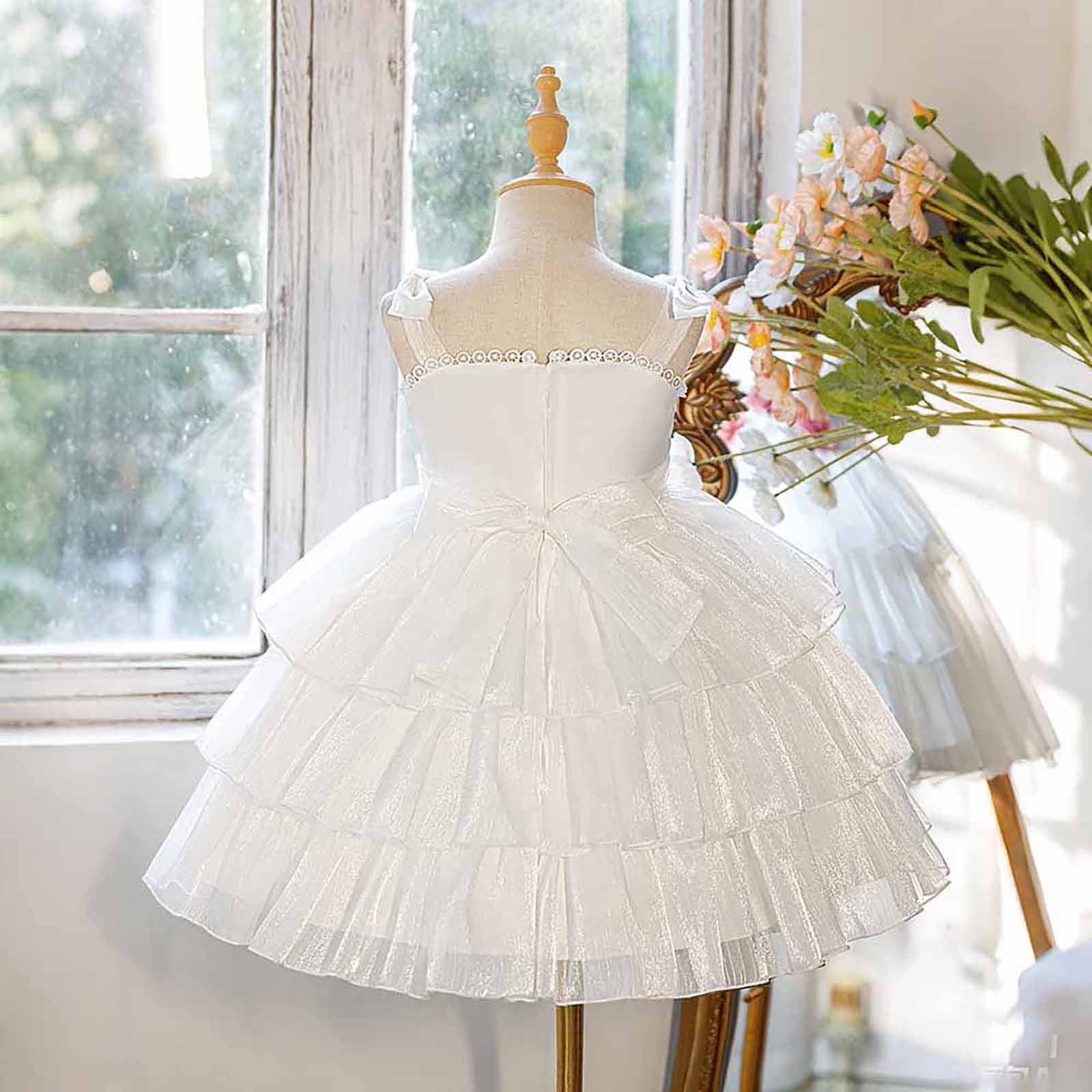 Wdgfv Girls Summer Dress Casual Tiered 3D Floral Applique Party Gown for Toddler Kids Outdoor Play and White 4-5 Years