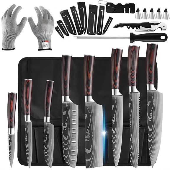 Chef Knife Sets with Roll Bag, 14 Pcs Professional Knife Set, High Carbon Stainless Steel Kitchen Chef Knife Set, Red Pakkawood Handle