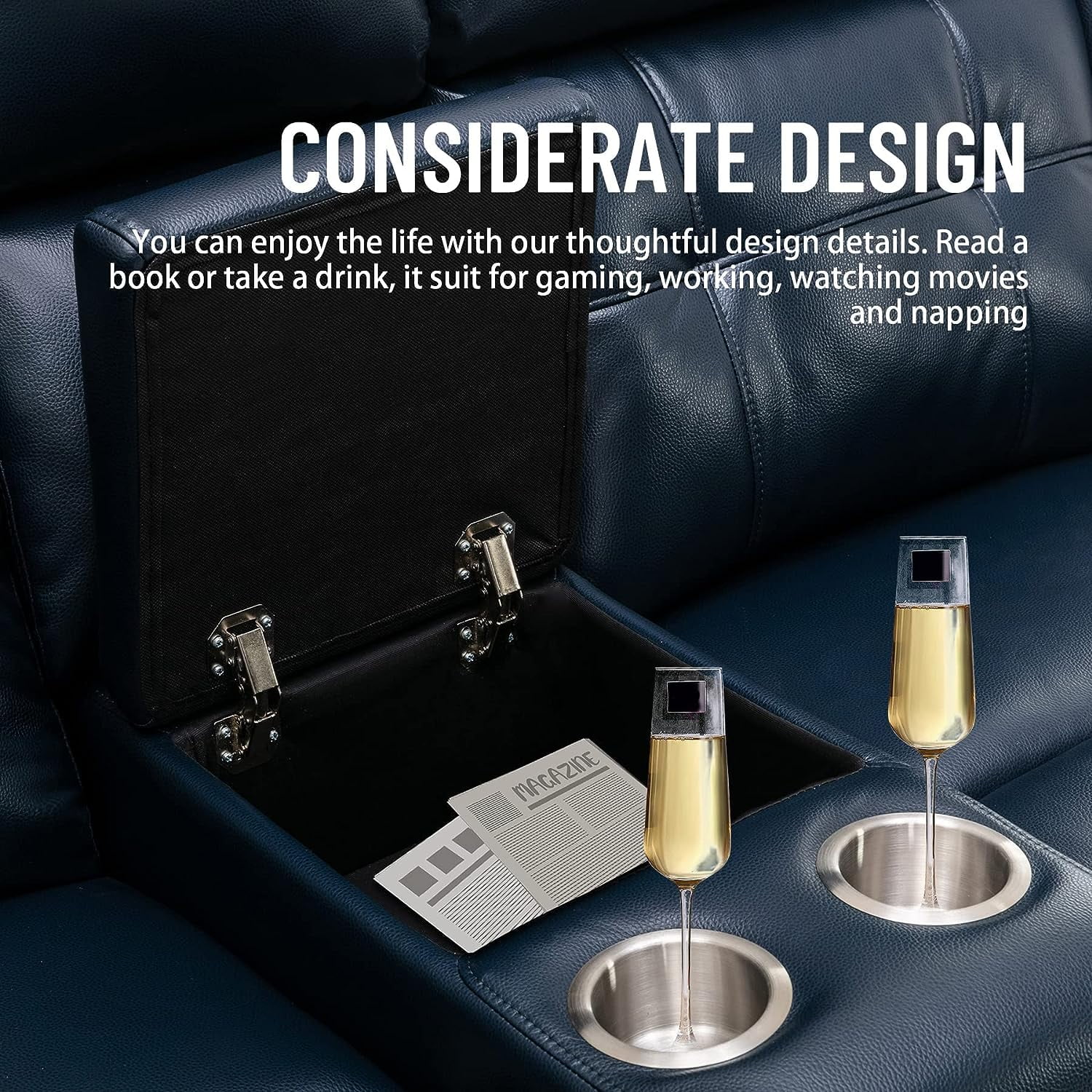 Nathaniel Home, PU Leather Reclining Sectional Sofa Set with 2 Consoles, Fashion Living Room Recliner Chair with Storage Box, L-Shaped Corner Couch with Cup Holders, Deep Ocean Blue
