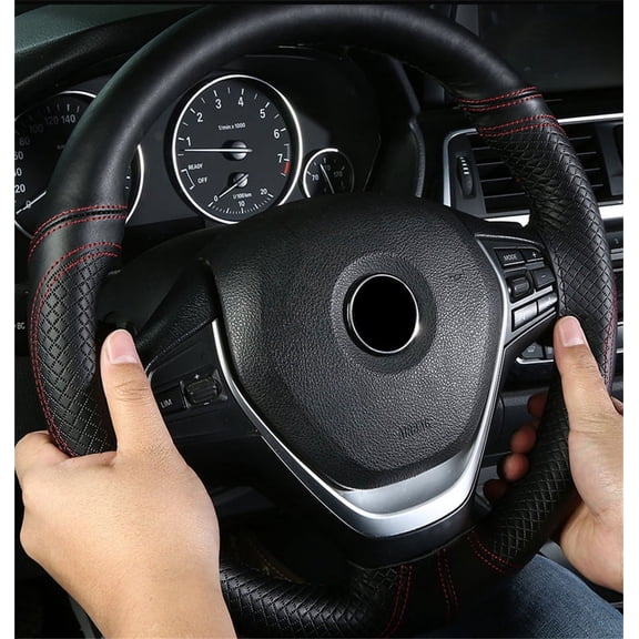 Acaigel 38cm Universal Car Truck Steering Wheel Cover Non-slip Real Leather Black red Line