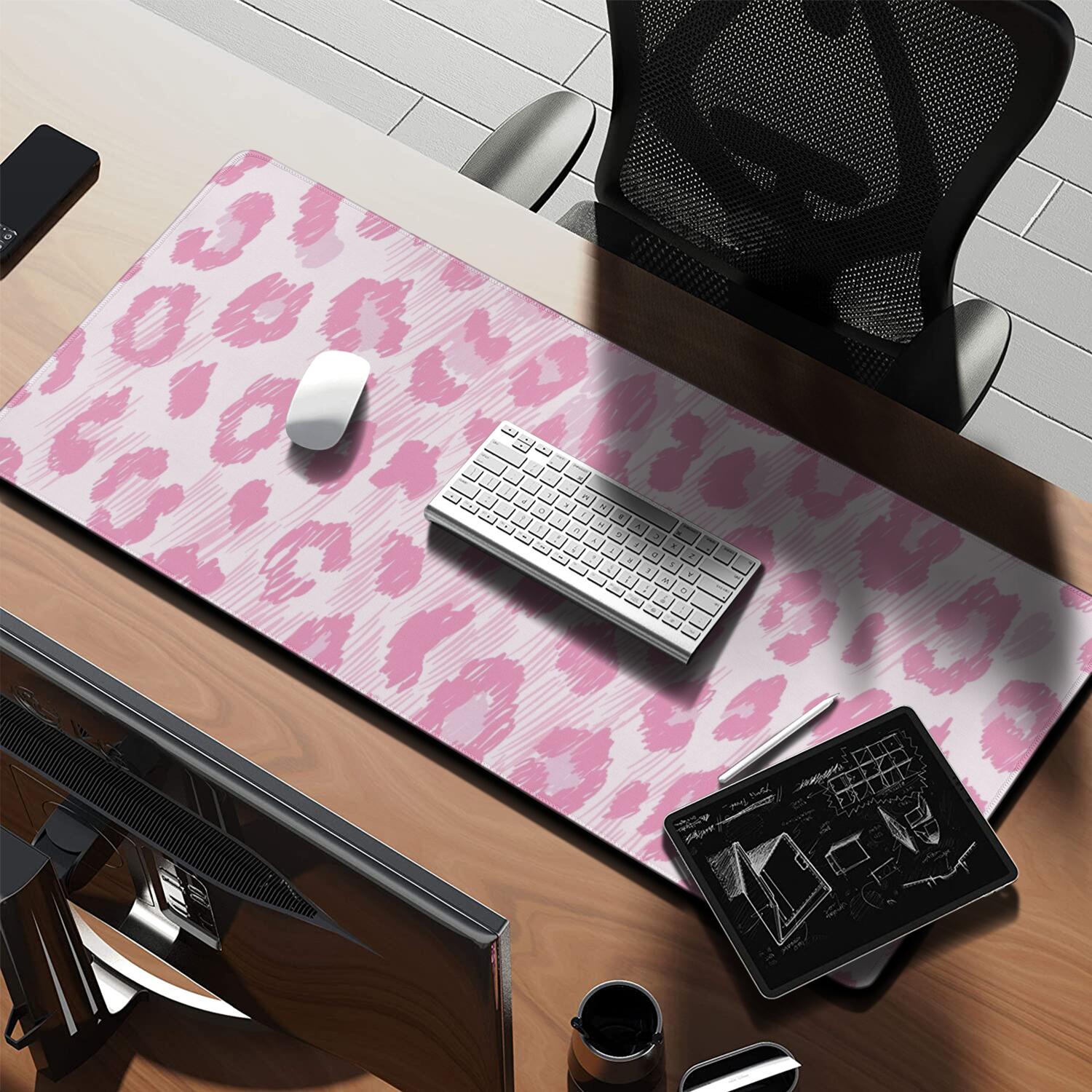 Long Mouse Pads for Desk,Pink and Pink Of Leopard Print Desk Mats on Top Of Desks, Desk Mouse Pad Extra Large with 3mm Non-Slip Base and Stitched Edge for Gaming,Office,Work,Home 35.4"x15.7"