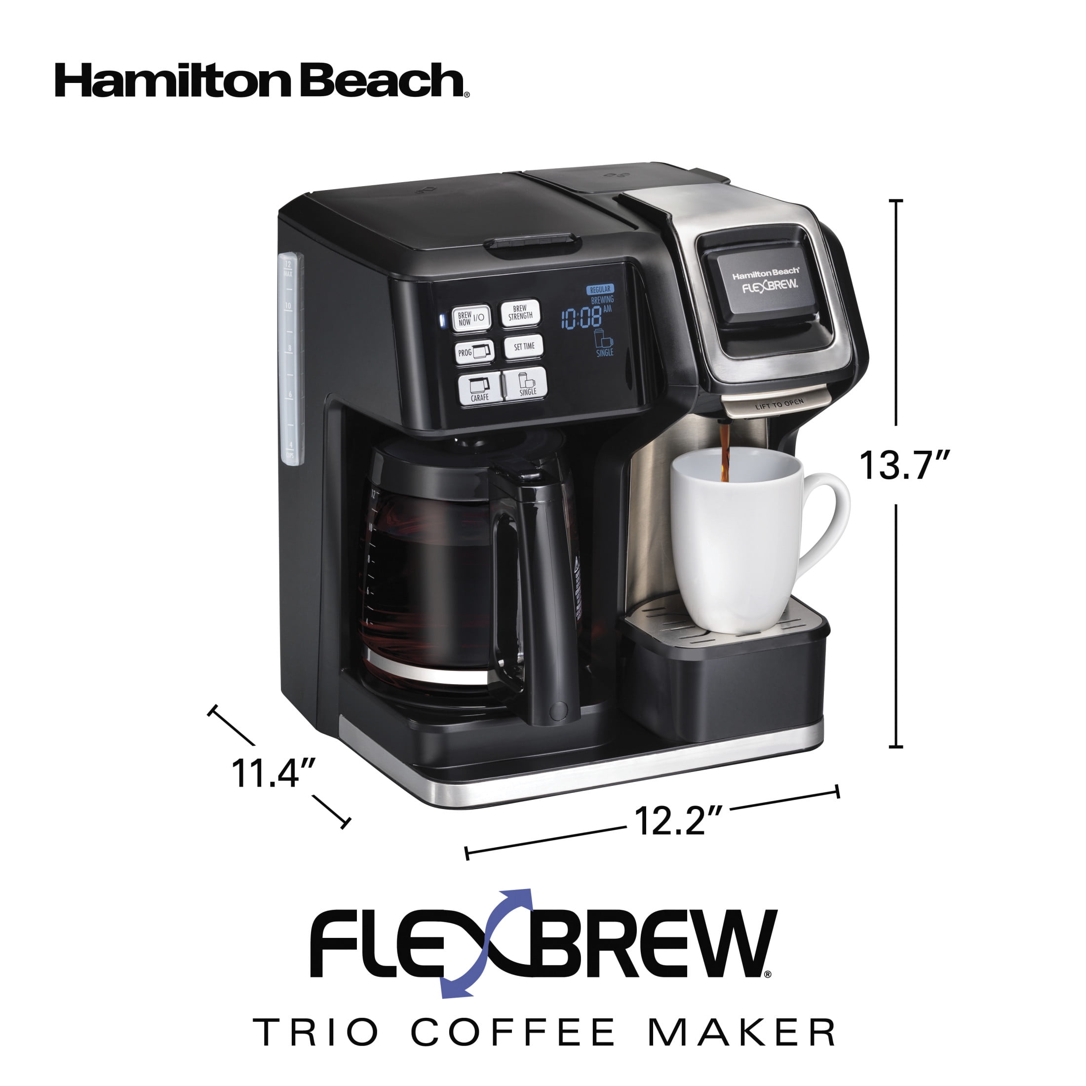 Hamilton Beach FlexBrew Coffee Maker, K Cup Pod Compatible Single Serve Coffee Maker & 12-Cup Coffee Pot, Black