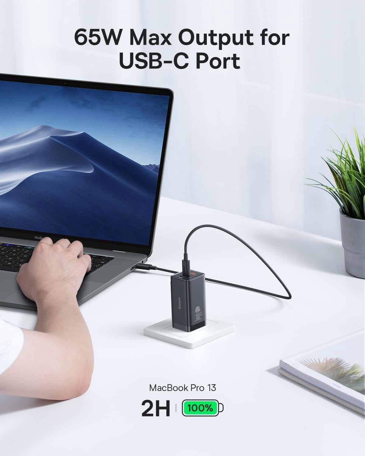 Baseus 65W Power Adapter, USB C Fast Charging Adaptor with USBC Plug, Black