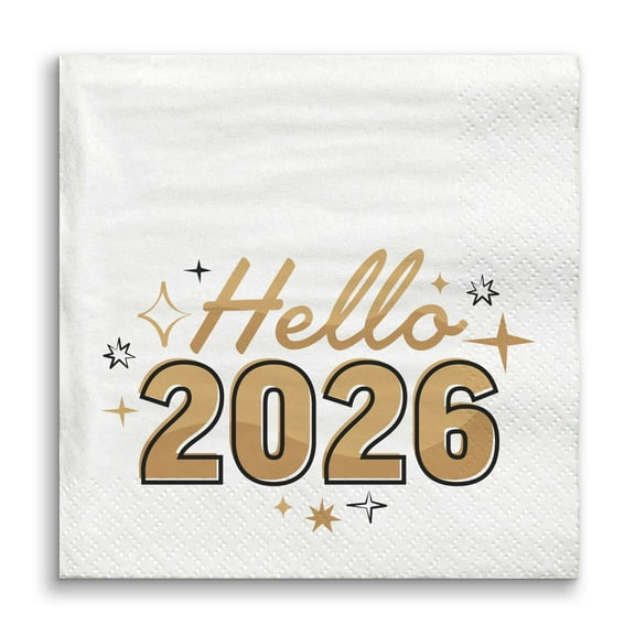 Big Dot of Happiness Hello New Year Napkins, 2026 NYE Party Decor Black & Gold, White 3-Ply Paper Luncheon Dinner Napkins - 24 Count