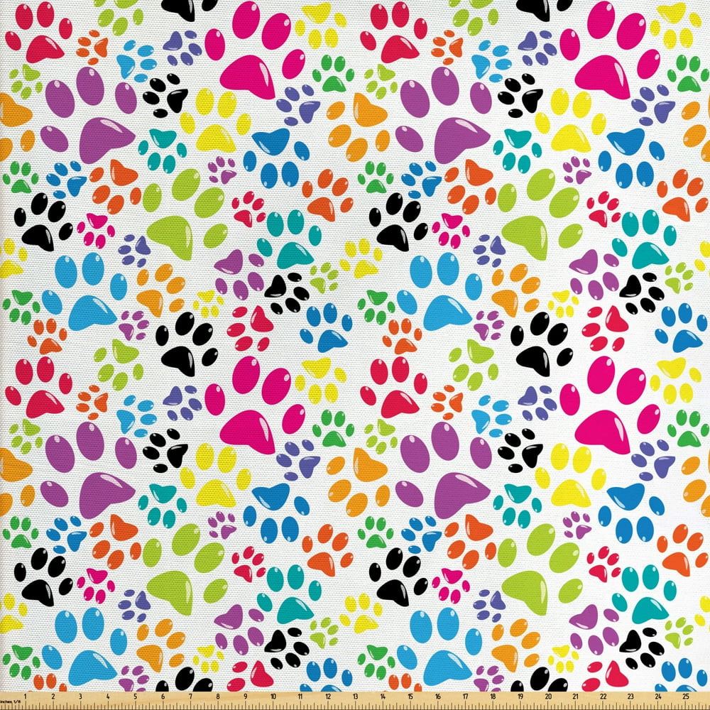 Dog Upholstery Fabric by the Yard, Colorful Little Paws Steps Art