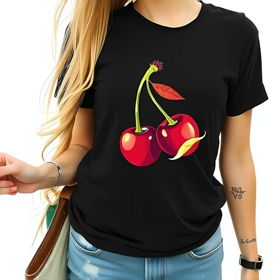Stylish Cotton Short Sleeve T-Shirt with Vibrant Cartoon Cherry Graphic - Casual Fashion Tee for Women