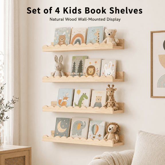 Morave Scalloped Wood Floating Wall Shelves, 4 Pack, 16.5 in, Decor Storage for Nursery, Kids Bedroom
